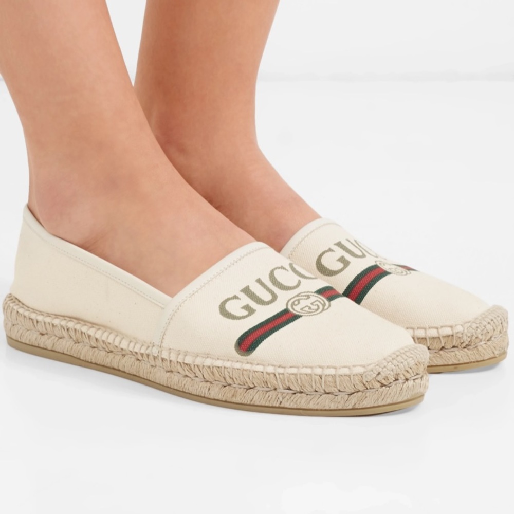 GUCCI Leather-trimmed logo canvas espadrilles